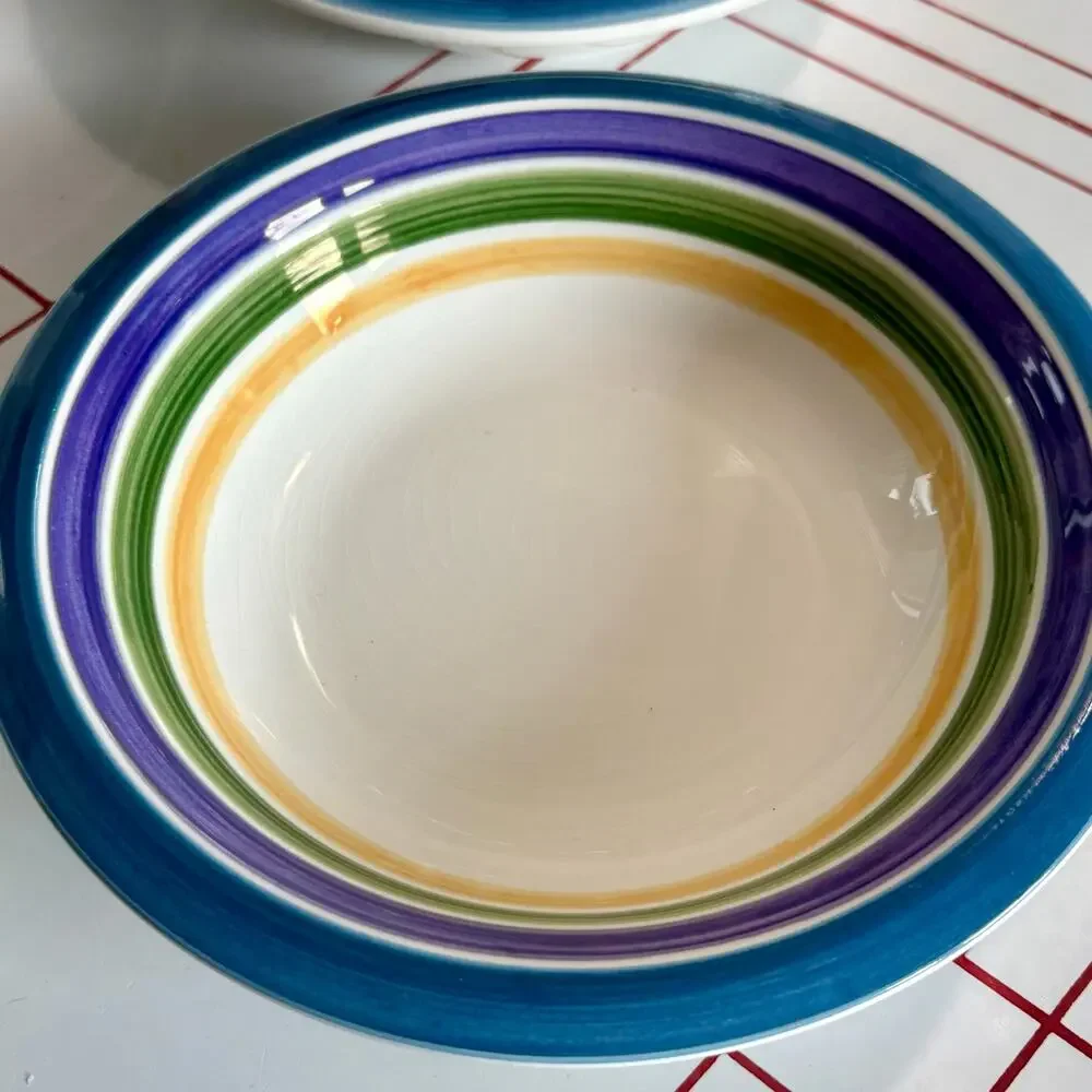 Vintage Gibson Candy Stripe Blue Purple and Green and Yellow Bowls Set of 4 8.25
